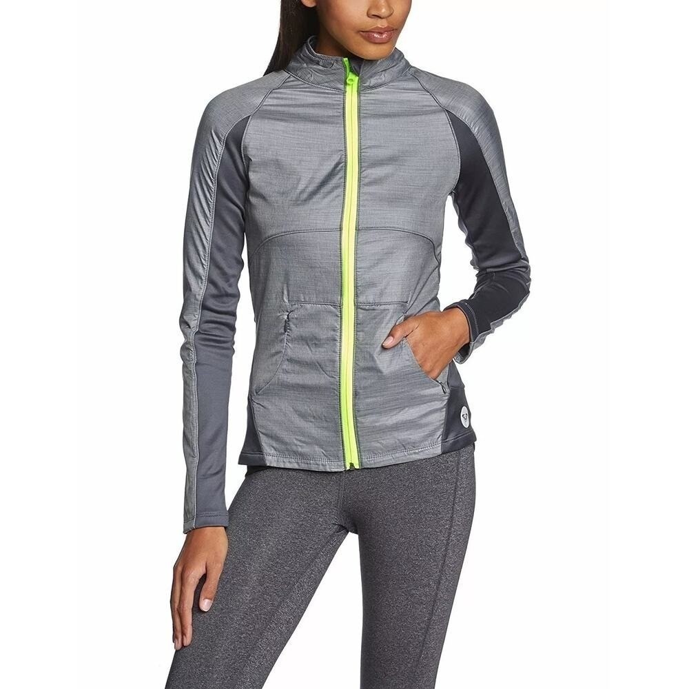Roxy Womens Small Juniors Grey Neon‎ Yellow Fleece Lined Full Zip Track Jacket